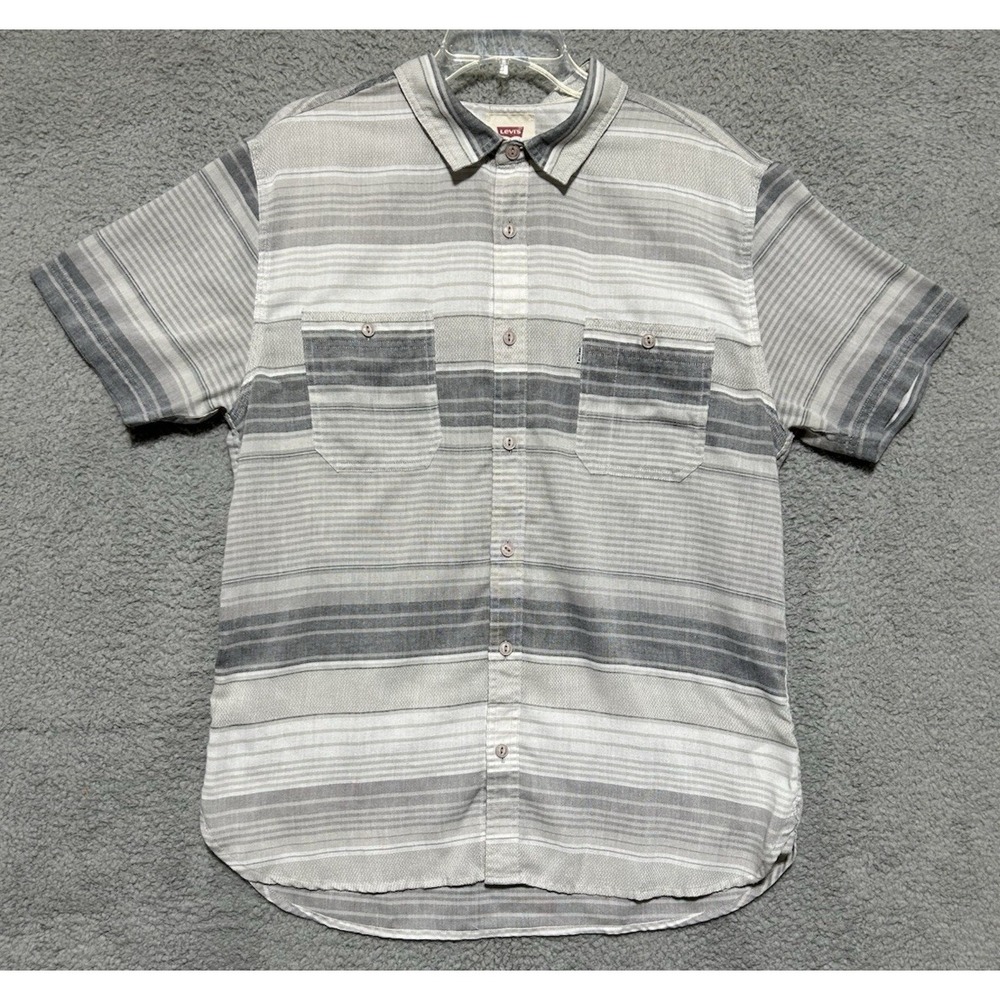 Vintage Levis Shirt Men XL Grey Stripe Short Sleeve Modern Fit Streetwear Skater